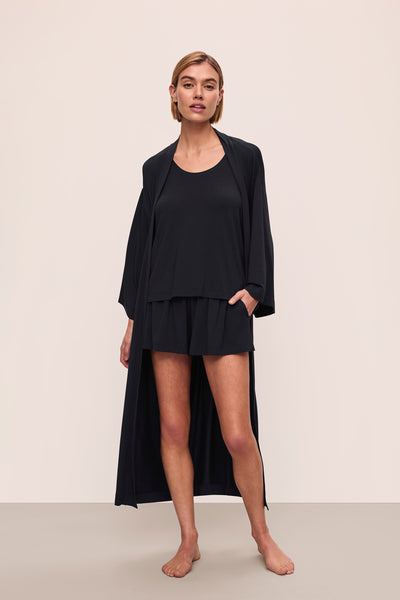 Model is wearing Gisele Tencel™ Modal Everyday Robe in Black
