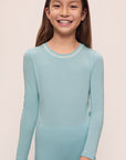 Model is wearing Kids Tencel™ Modal Unisex Long Pj Set in Canal Blue/Ivory