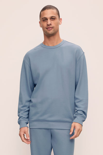 Model is wearing Mens French Terry Sweatshirt in Faded Denim