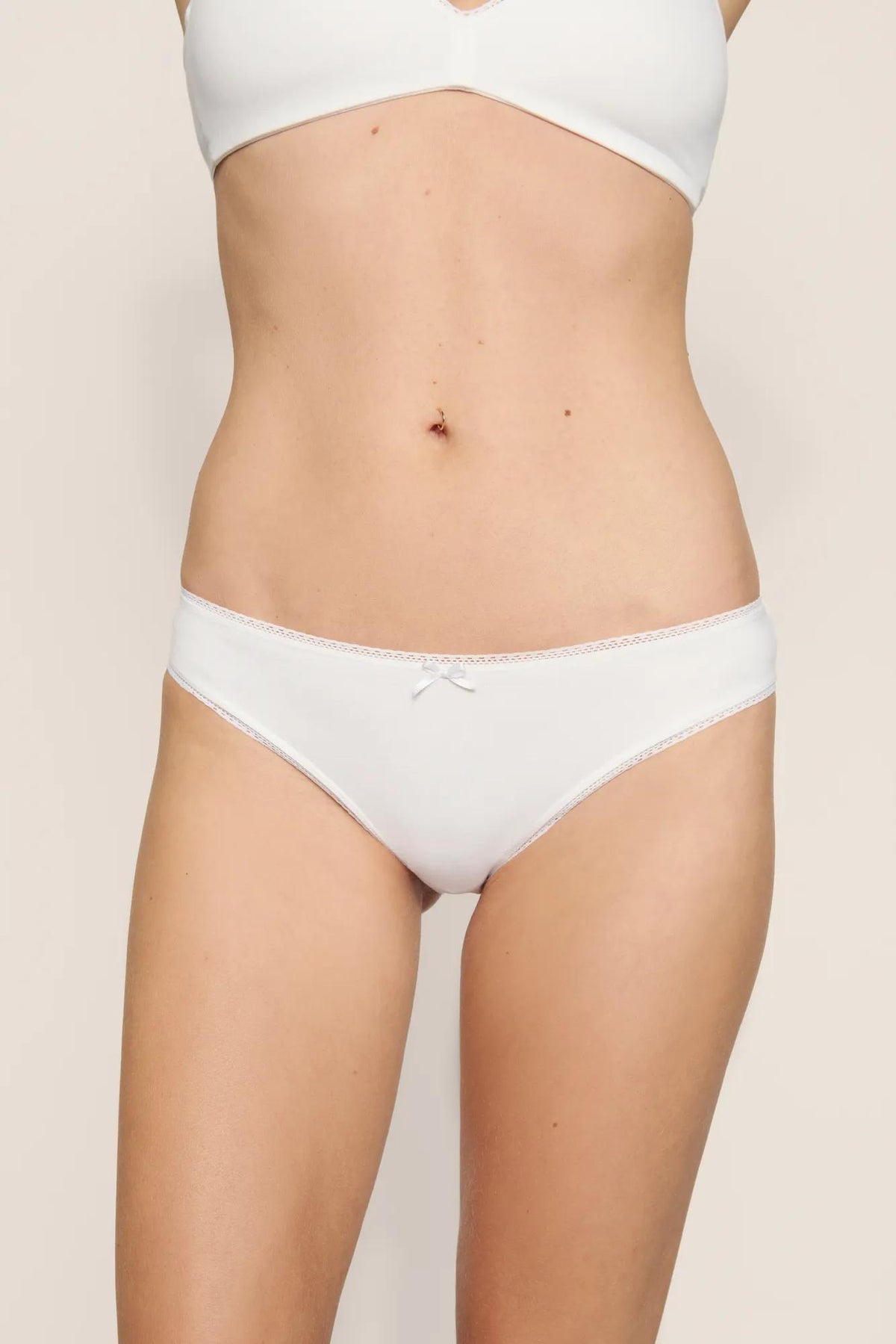 Model is wearing Pima Cotton Bikini in White