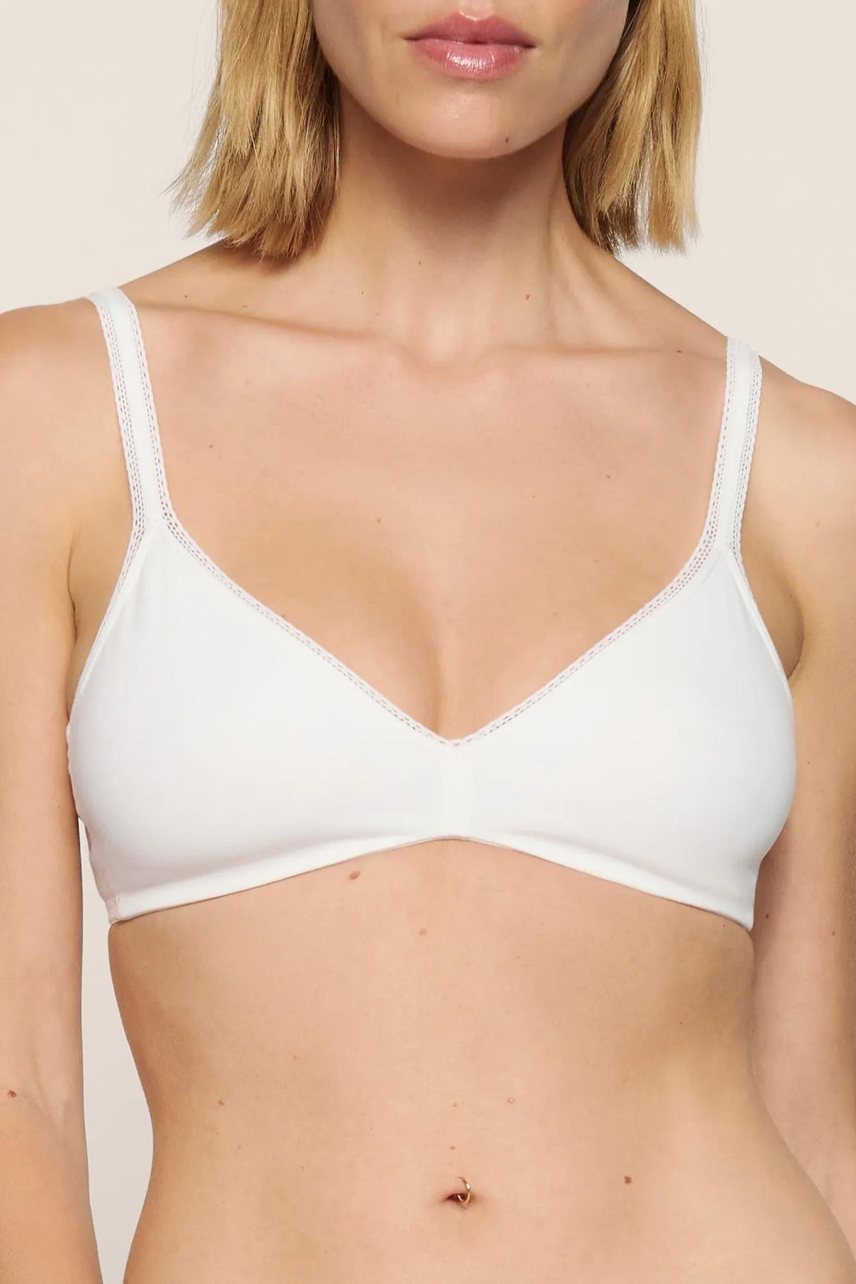 Model is wearing Pima Cotton Bralette in White