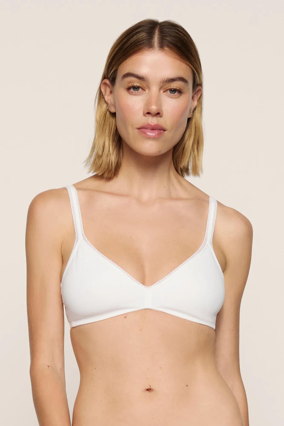 Model is wearing Pima Cotton Bralette in White