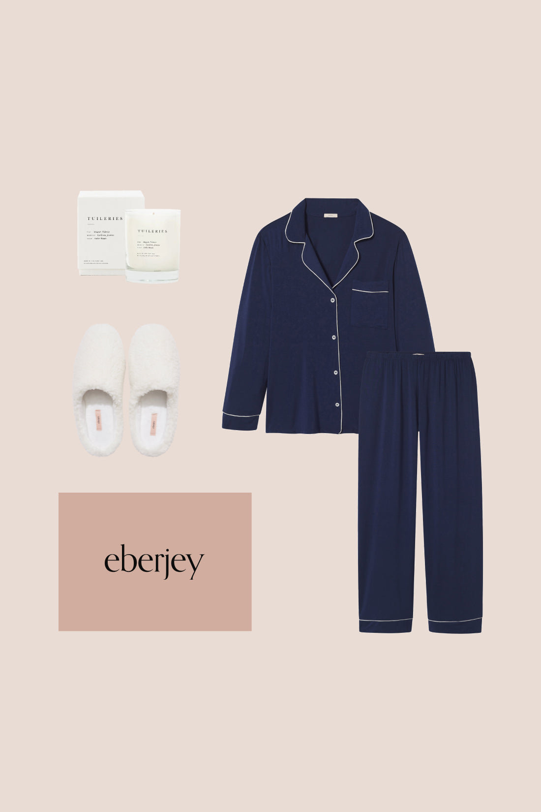 Image of product collage for the Perfect Gift Bundle with Gisele Long PJ in Navy/Ivory, Gift Box, Candle and Sherpa Slippers