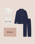 Image of product collage for the Perfect Gift Bundle with Gisele Long PJ in Navy/Ivory, Gift Box, Candle and Sherpa Slippers