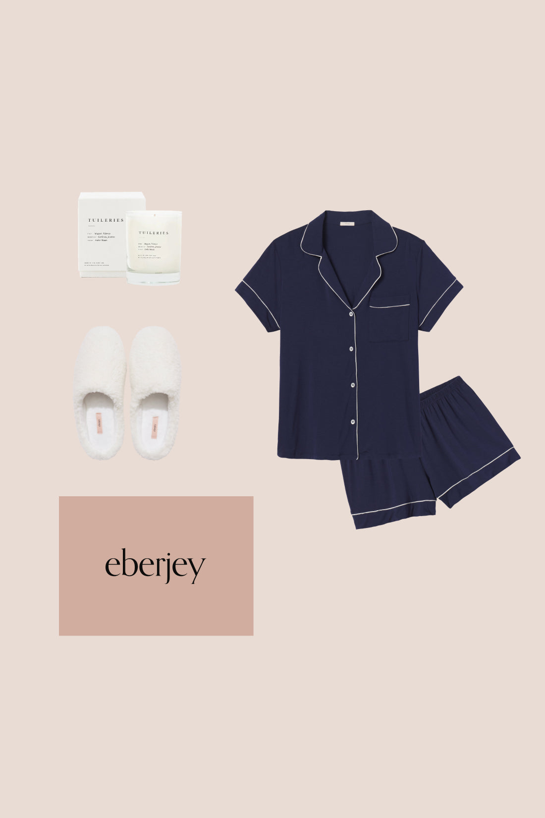 Image of product collage for the Perfect Gift Bundle with Gisele Relaxed Short PJ in Navy/Ivory, Gift Box, Candle and Sherpa Slippers