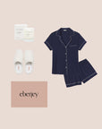 Image of product collage for the Perfect Gift Bundle with Gisele Relaxed Short PJ in Navy/Ivory, Gift Box, Candle and Sherpa Slippers