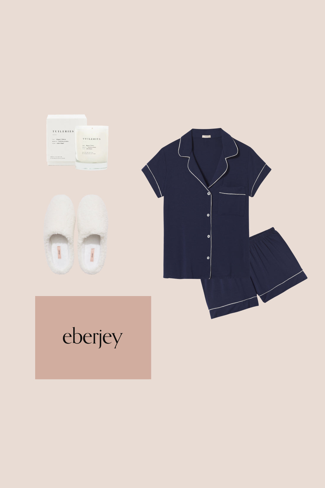 Image of product collage for the Perfect Gift Bundle with Gisele Shortie PJ in Navy/Ivory, Gift Box, Candle and Sherpa Slippers