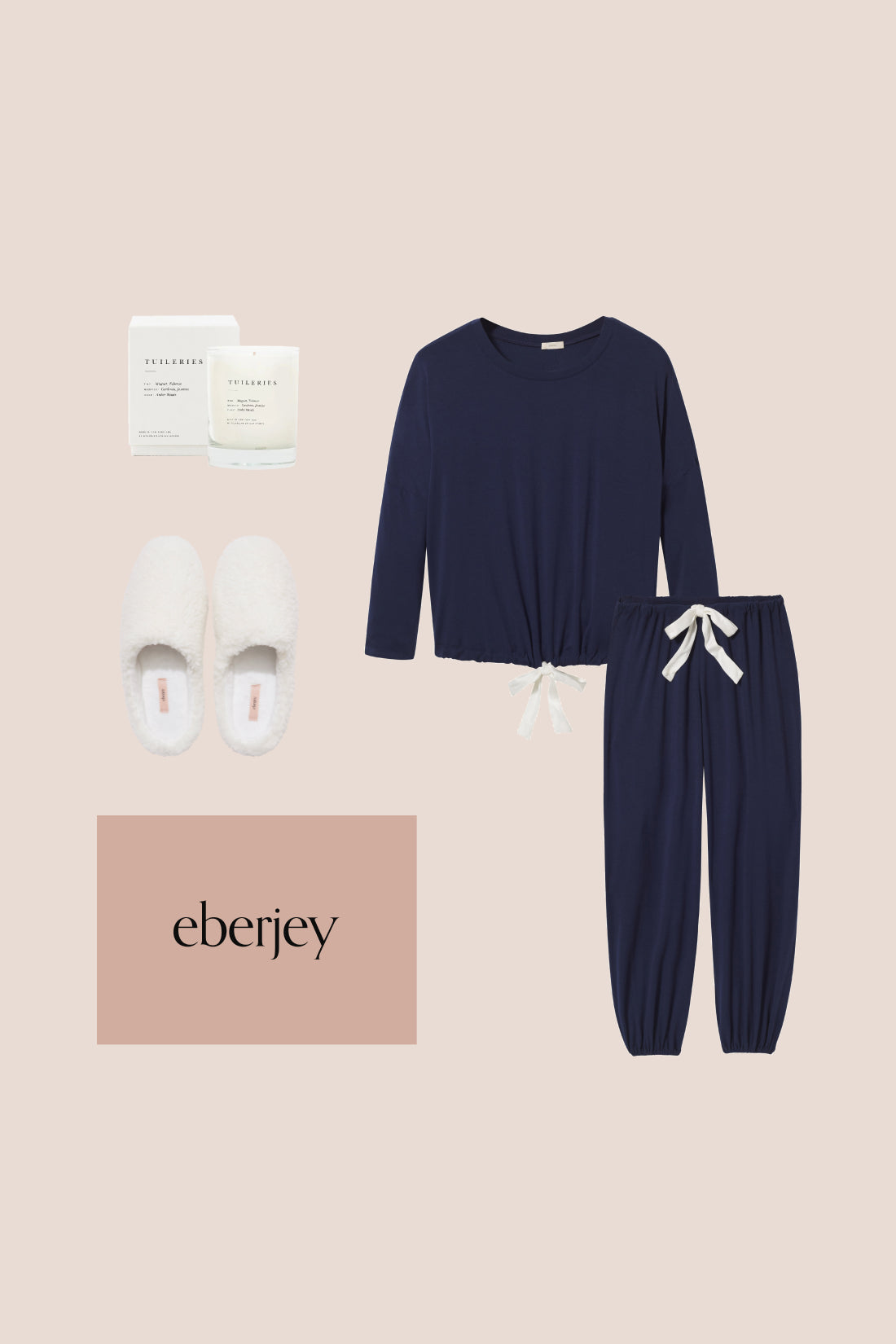 Image of product collage for the Perfect Gift Bundle with Gisele Slouchy PJ in Navy/Ivory, Gift Box, Candle and Sherpa Slippers