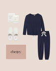 Image of product collage for the Perfect Gift Bundle with Gisele Slouchy PJ in Navy/Ivory, Gift Box, Candle and Sherpa Slippers