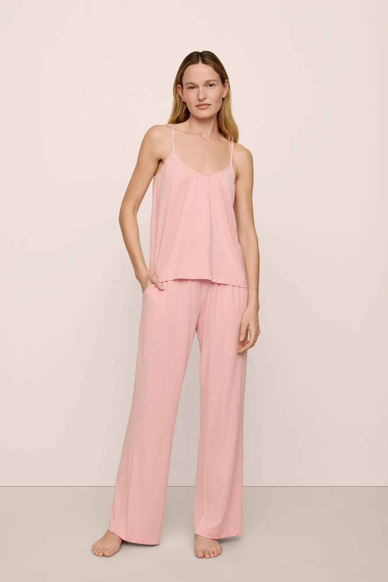 Model is wearing Gisele TENCEL™ Modal Cami & Pant PJ Set in  Silver Pink