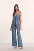 Model is wearing Gisele Printed TENCEL™ Modal Cami & Pant PJ Set in Duo Stripe Slate Blue
