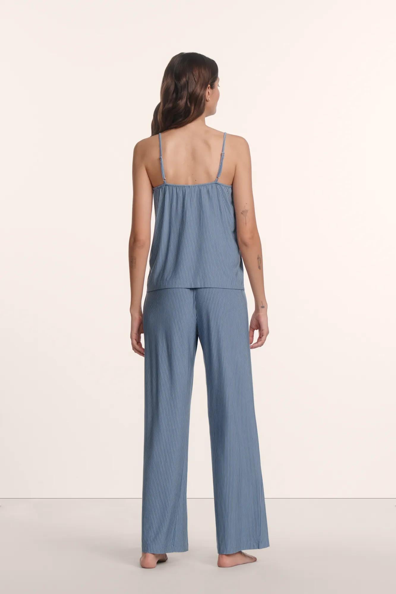 Model is wearing Gisele Printed TENCEL™ Modal Cami & Pant PJ Set in Duo Stripe Slate Blue