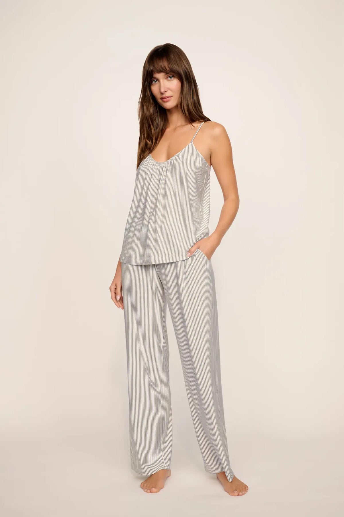 Model is wearing Gisele Printed TENCEL™ Modal Cami & Pant PJ Set in Duo Stripe Ivory