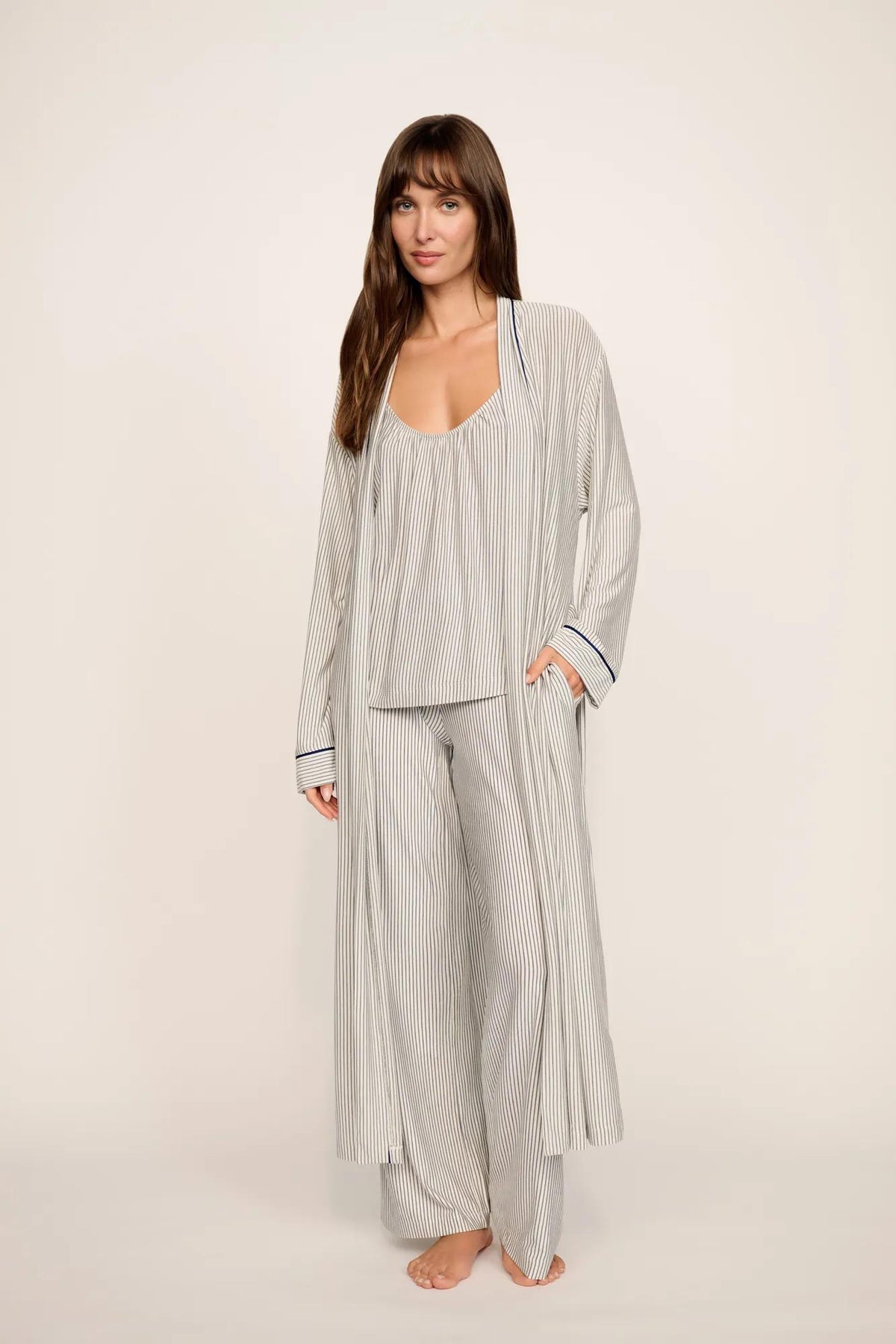 Model is wearing Gisele Printed TENCEL™ Modal Cami & Pant PJ Set in Duo Stripe Ivory