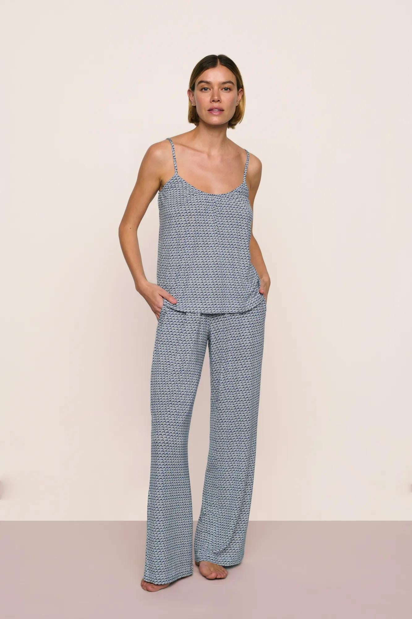 Model is wearing Gisele Printed TENCEL™ Modal Cami & Pant PJ Set  in Seashell Navy