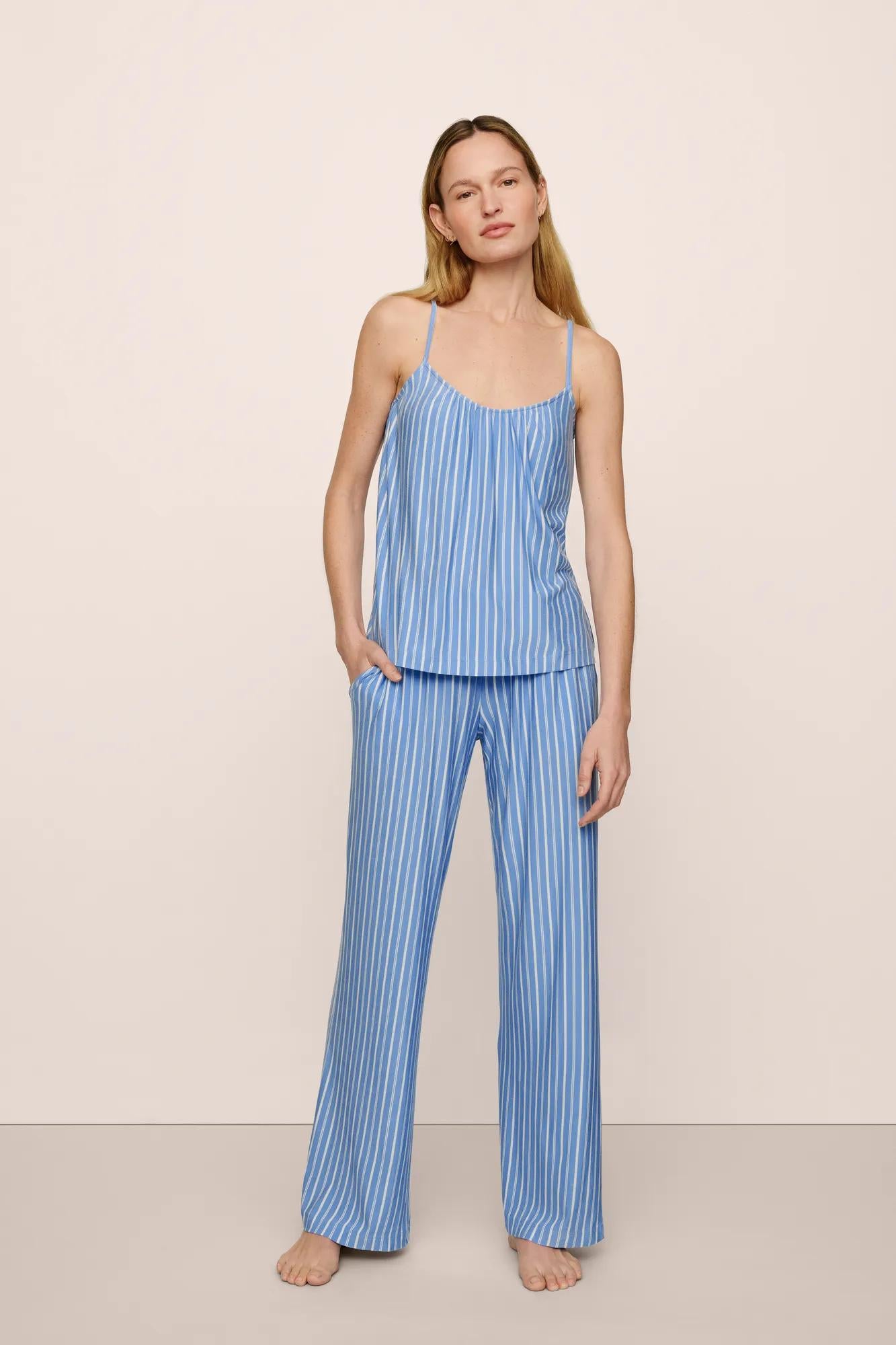 Model is wearing Gisele Printed TENCEL™ Modal Cami & Pant PJ Set in  Nordic Stripes Vista Blue/Iv