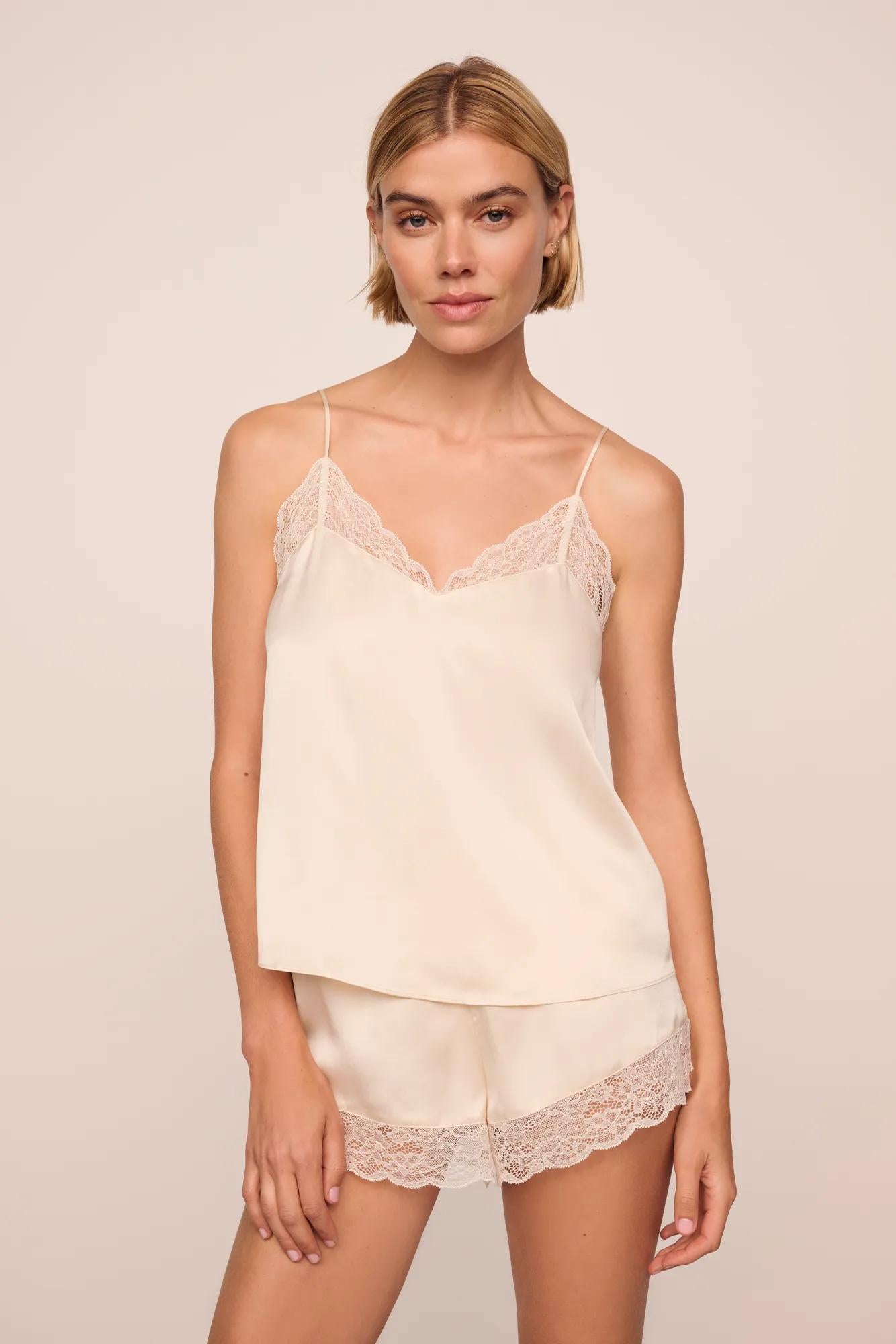 Model is wearing Washable Silk Lace Cami & Short PJ Set in Champagne/Champagne