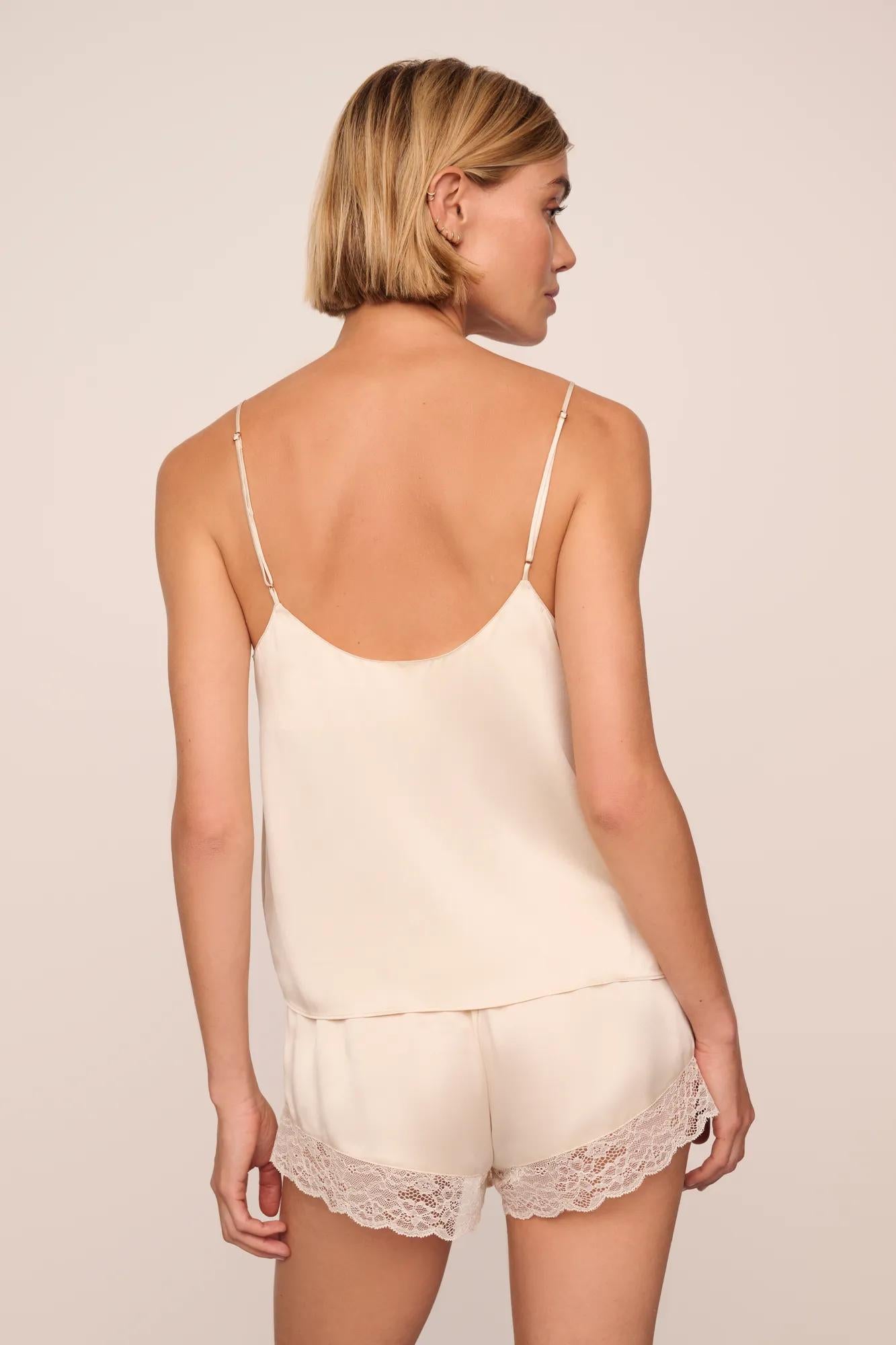 Model is wearing Washable Silk Lace Cami & Short PJ Set in Champagne/Champagne