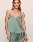 Model is wearing Washable Silk Lace Cami & Short Set in Eucalyptus/Eucalyptus