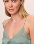 Model is wearing Washable Silk Lace Cami & Short Set in Eucalyptus/Eucalyptus