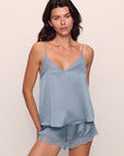 Model is wearing Washable Silk Lace Cami & Short Set in Faded Denim/Faded Denim