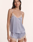 Model is wearing Washable Silk Lace Cami & Short Set in Lavender Dusk/Champagne