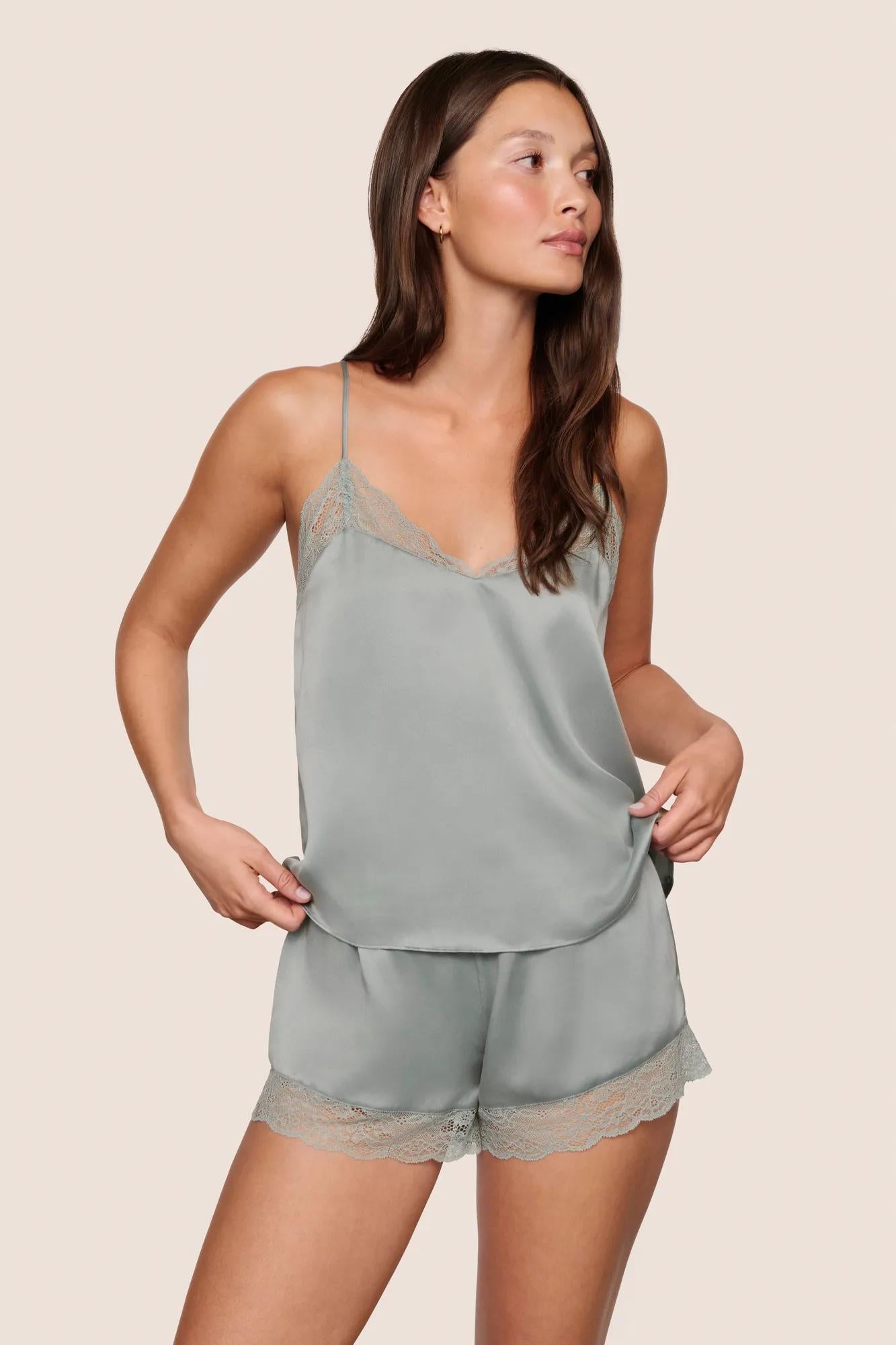 Model is wearing Washable Silk Lace Cami & Short Set  in Lead/Lead