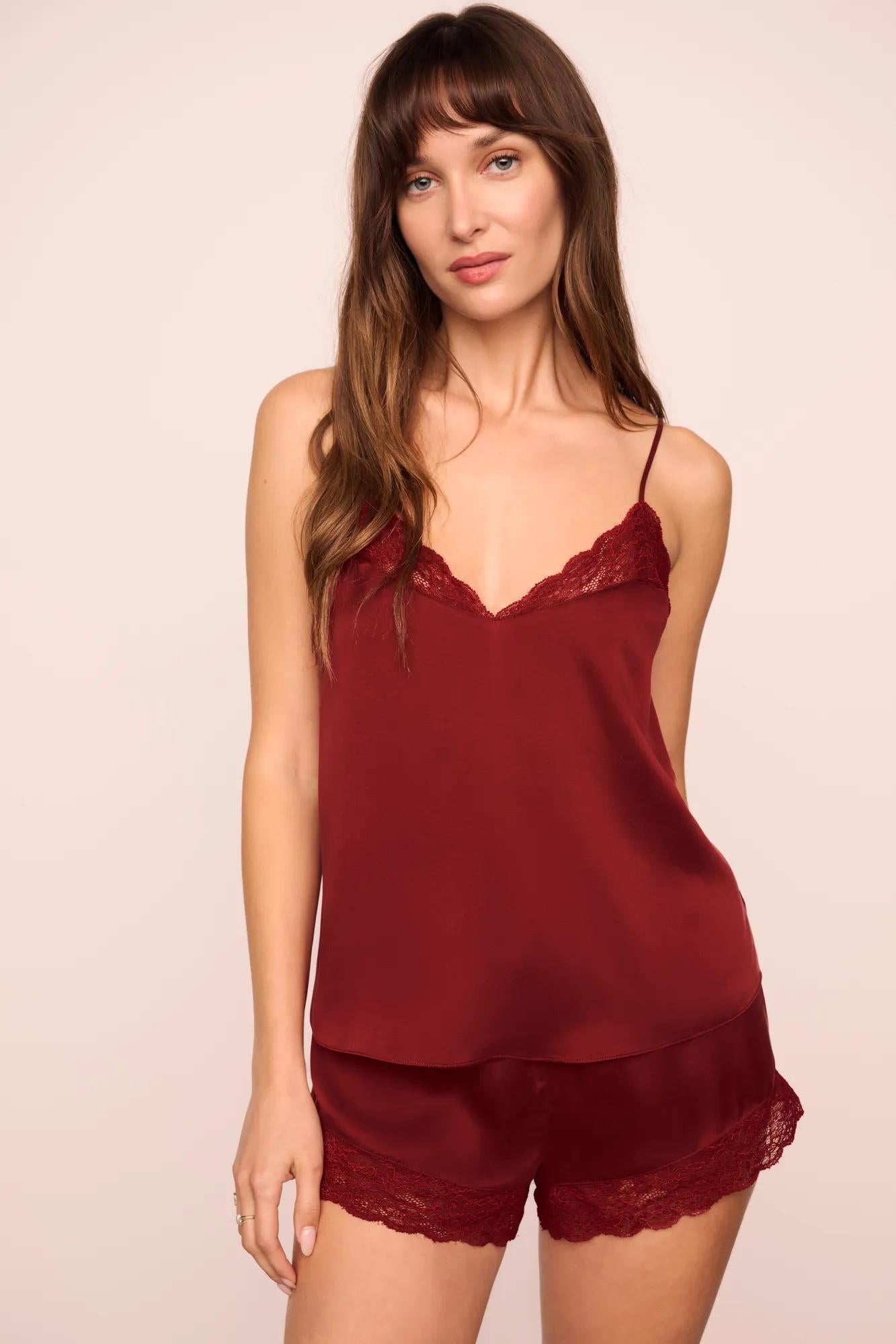Model is wearing Washable Silk Lace Cami & Short PJ Set in Merlot/Merlot