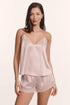Model is wearing Washable Silk Lace Cami & Short Set in Pale Pink/Champagne