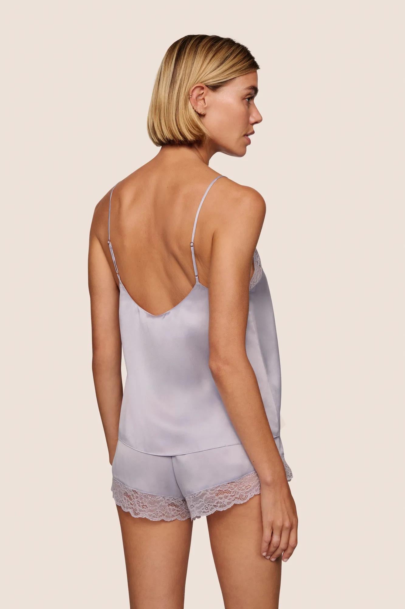 Model is wearing Washable Silk Lace Cami & Short Set  in Thistle/Thistle