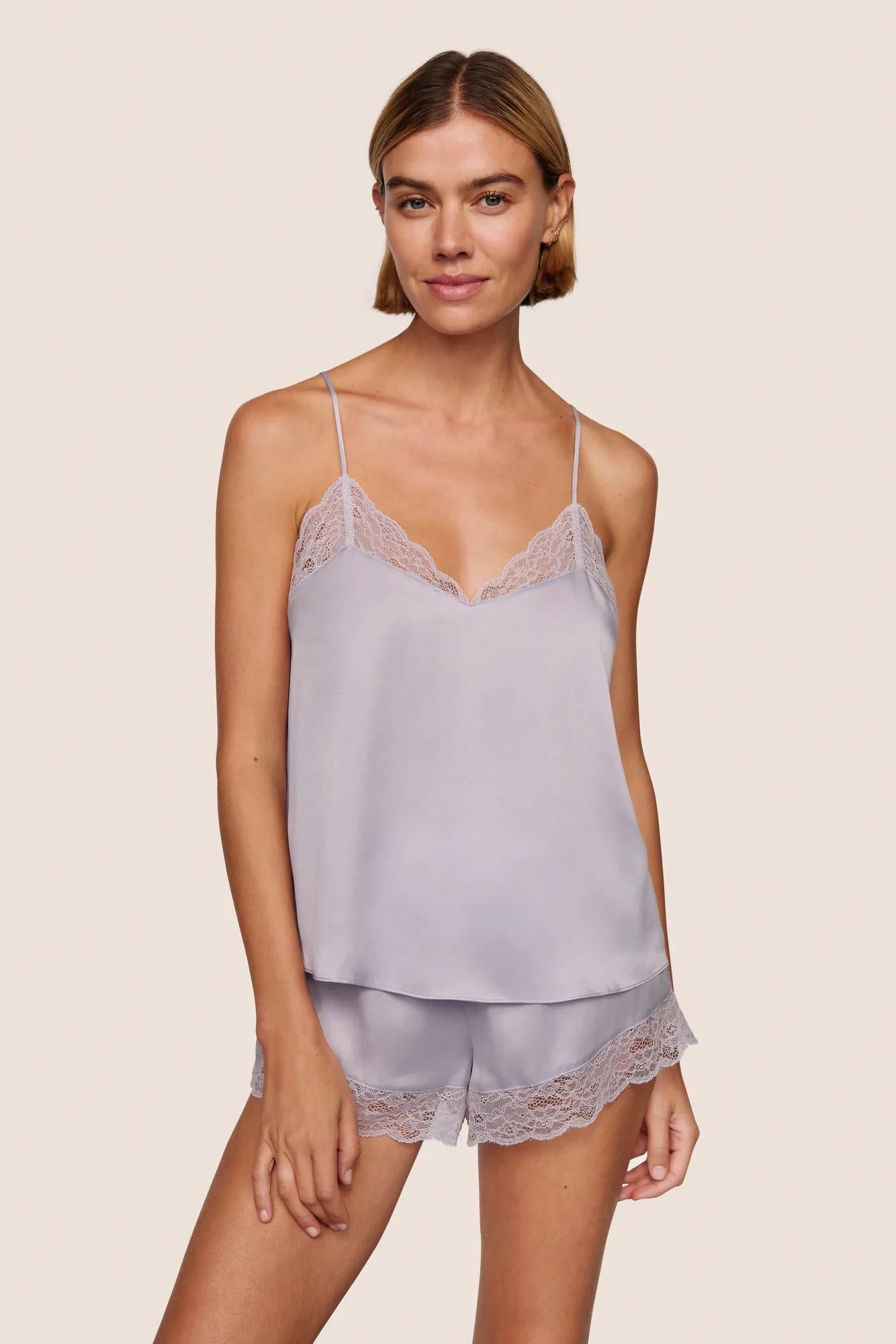 Model is wearing Washable Silk Lace Cami & Short Set  in Thistle/Thistle