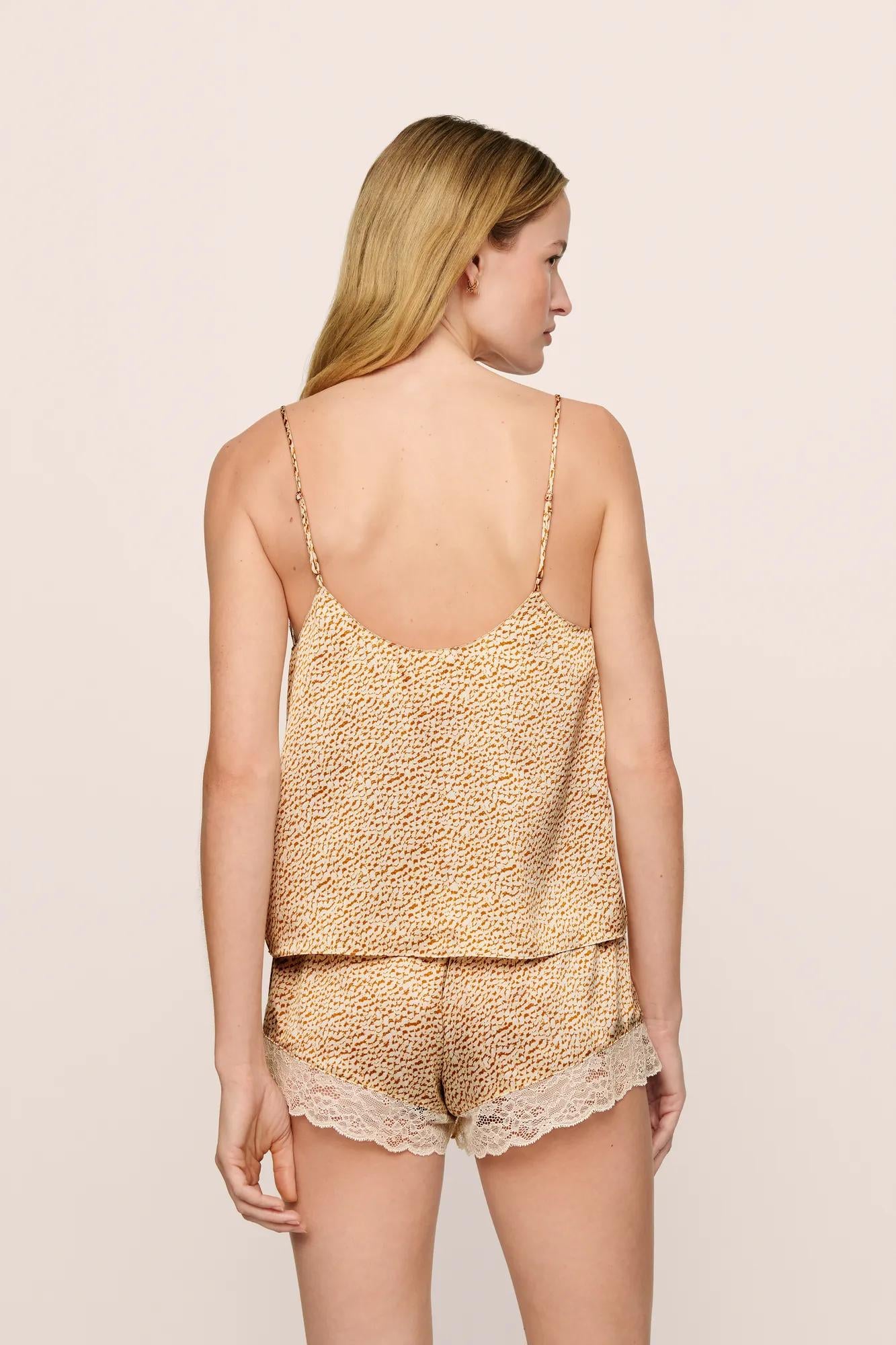 Model is wearing Washable Silk Printed Lace Cami & Short Set in MinkPuff/Champagne