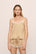 Model is wearing Washable Silk Printed Lace Cami & Short Set in MinkPuff/Champagne