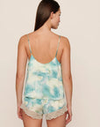 Model is wearing Washable Silk Printed Lace Cami & Short Set  in Seafoam Sky Blue Lagoon/Ivory