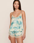 Model is wearing Washable Silk Printed Lace Cami & Short Set  in Seafoam Sky Blue Lagoon/Ivory