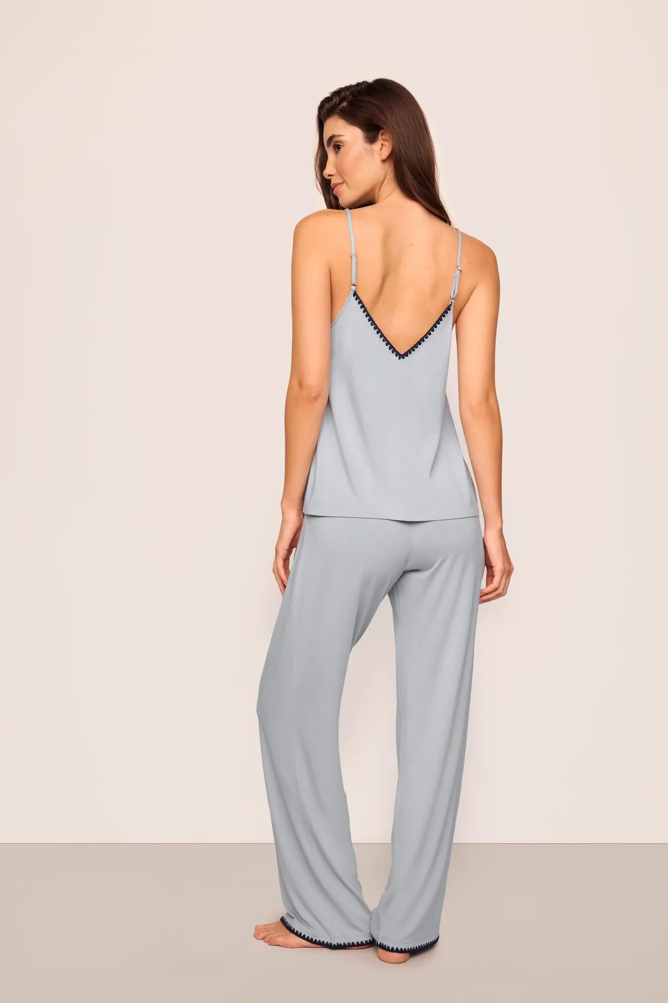 Model is wearing Frida TENCEL™ Modal Long PJ Set  in  Gray Dawn/Navy