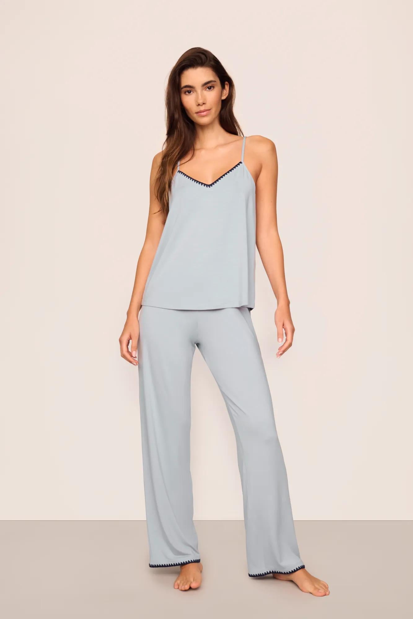 Model is wearing Frida TENCEL™ Modal Long PJ Set  in  Gray Dawn/Navy