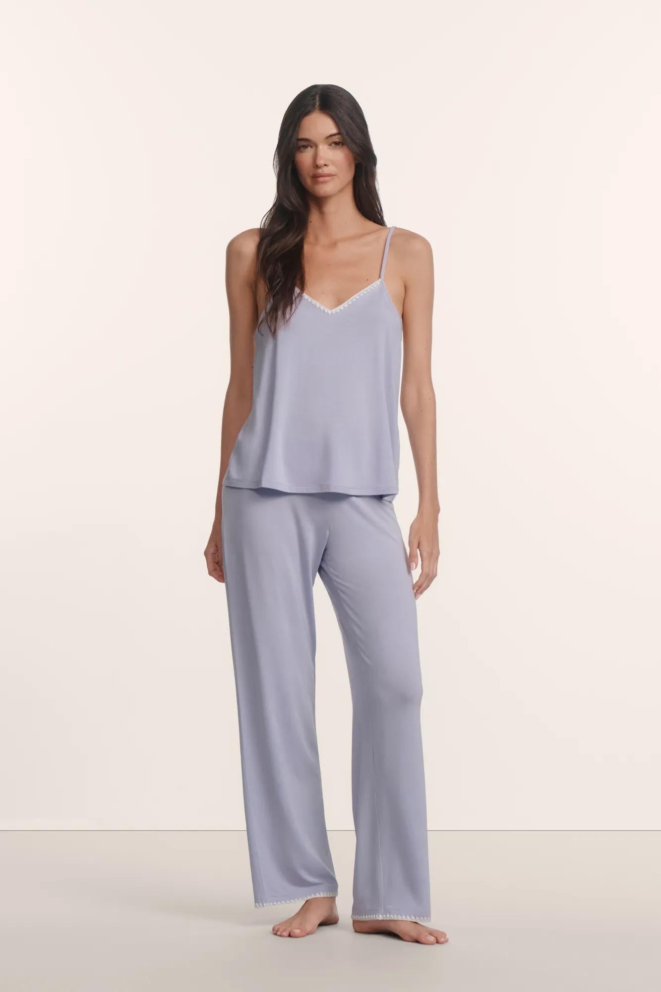 Model is wearing Frida TENCEL™ Modal Cami & Pant PJ Set in Lavender Dusk/Ivory