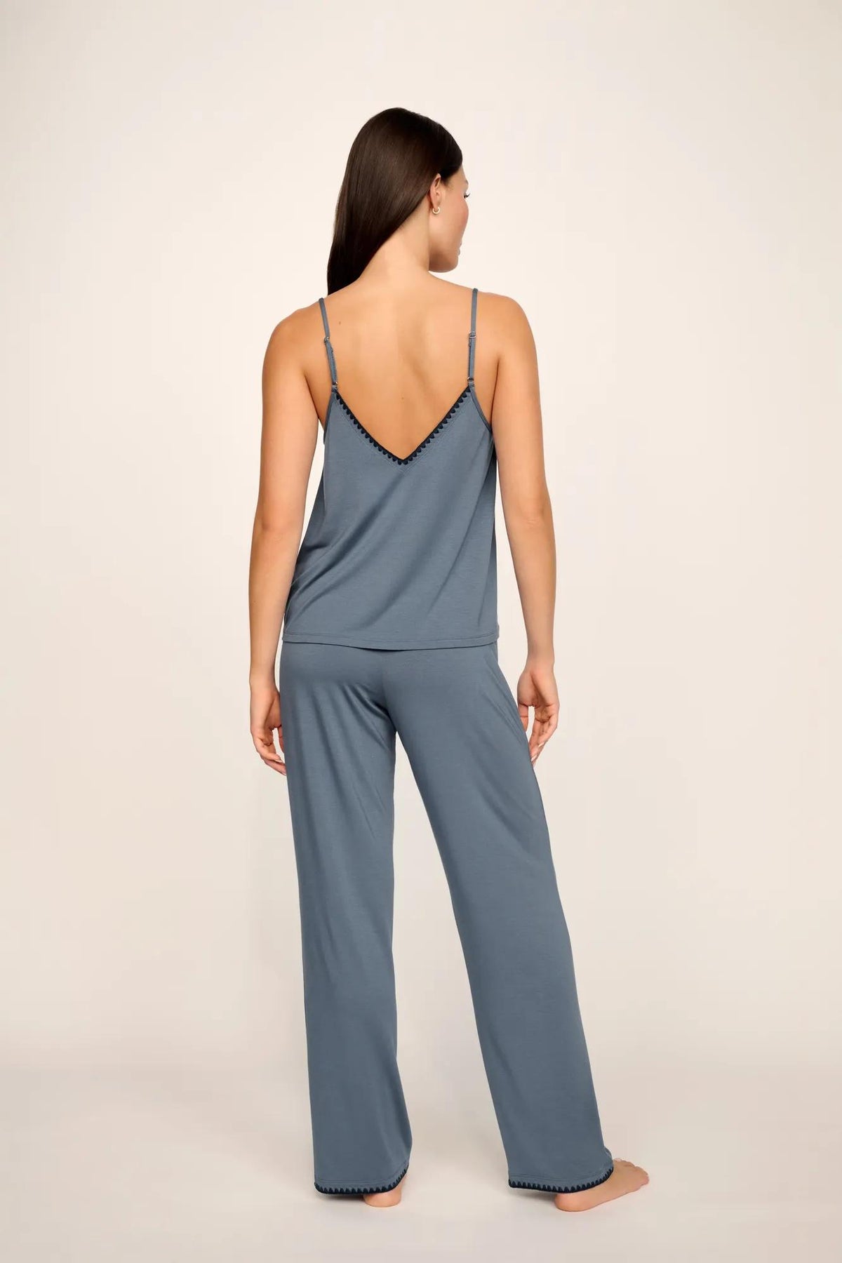 Model is wearing Frida TENCEL™ Modal Cami & Pant PJ Set in Moonlight Blue/Navy