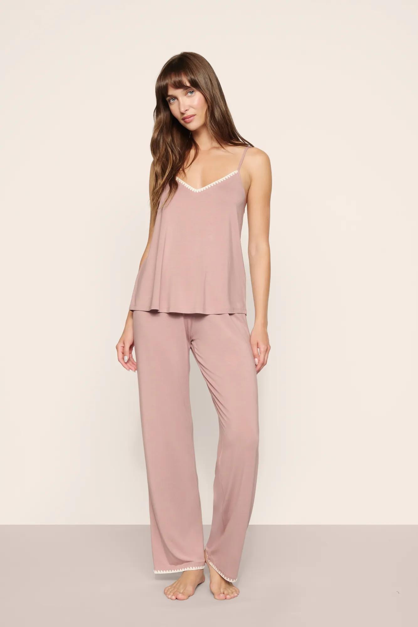 Model is wearing Frida TENCEL™ Modal Cami & Pant PJ Set in Woodrose/Ivory