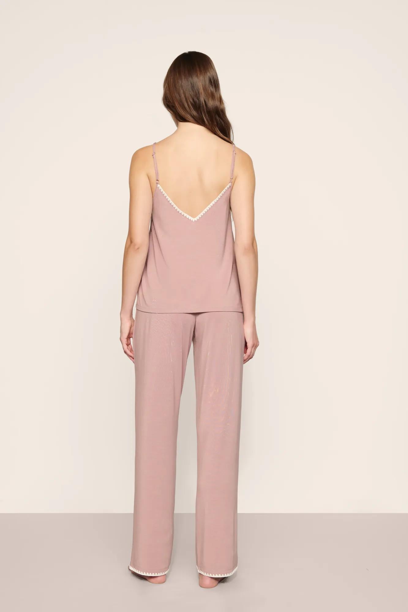 Model is wearing Frida TENCEL™ Modal Cami & Pant PJ Set in Woodrose/Ivory