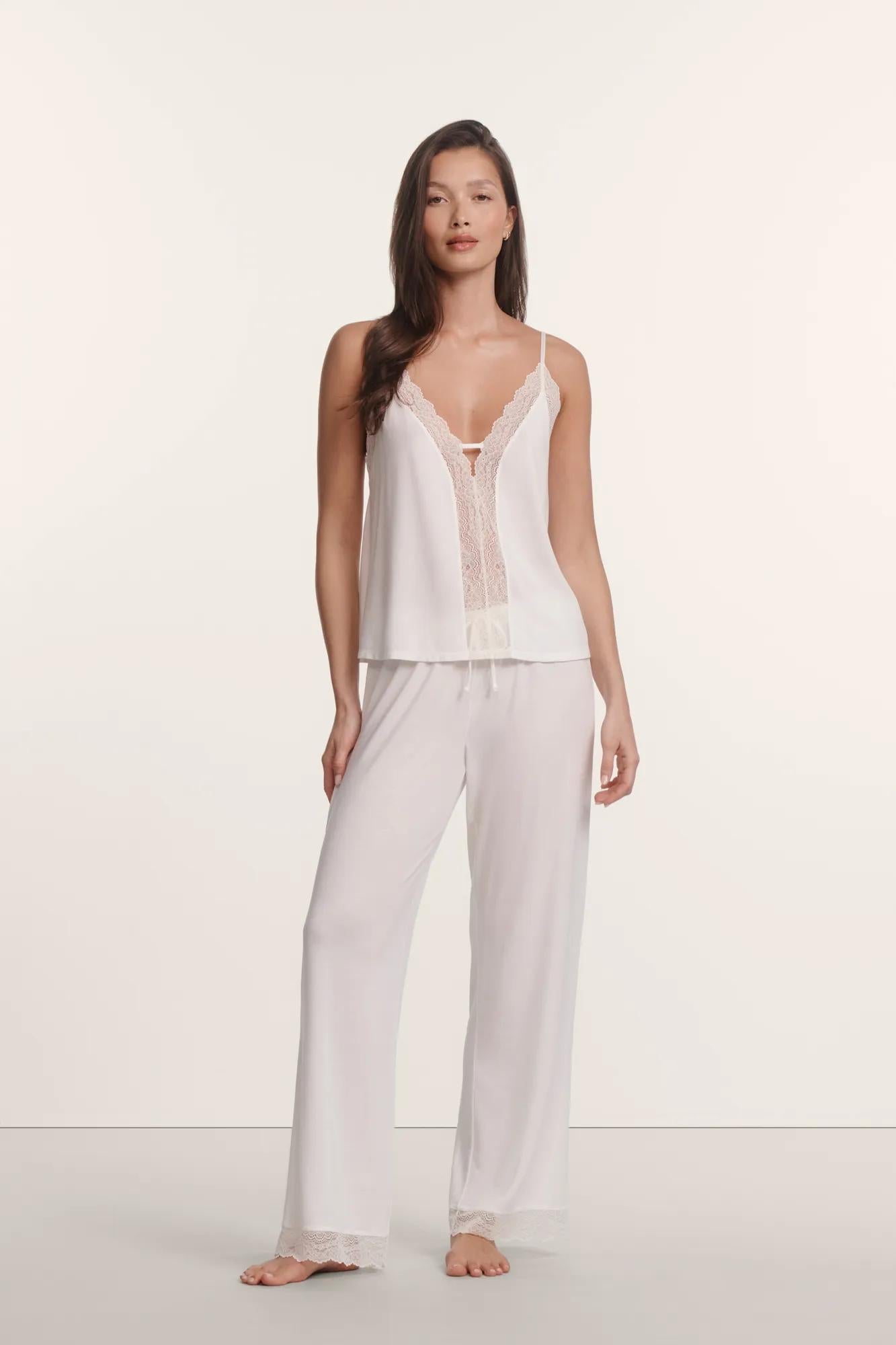 Model is wearing Lara TENCEL™ Modal Cami & Pant PJ Set in Ivory