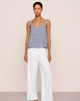 Model is wearing Linen Blend V Neck Cami in Gingham White/Navy