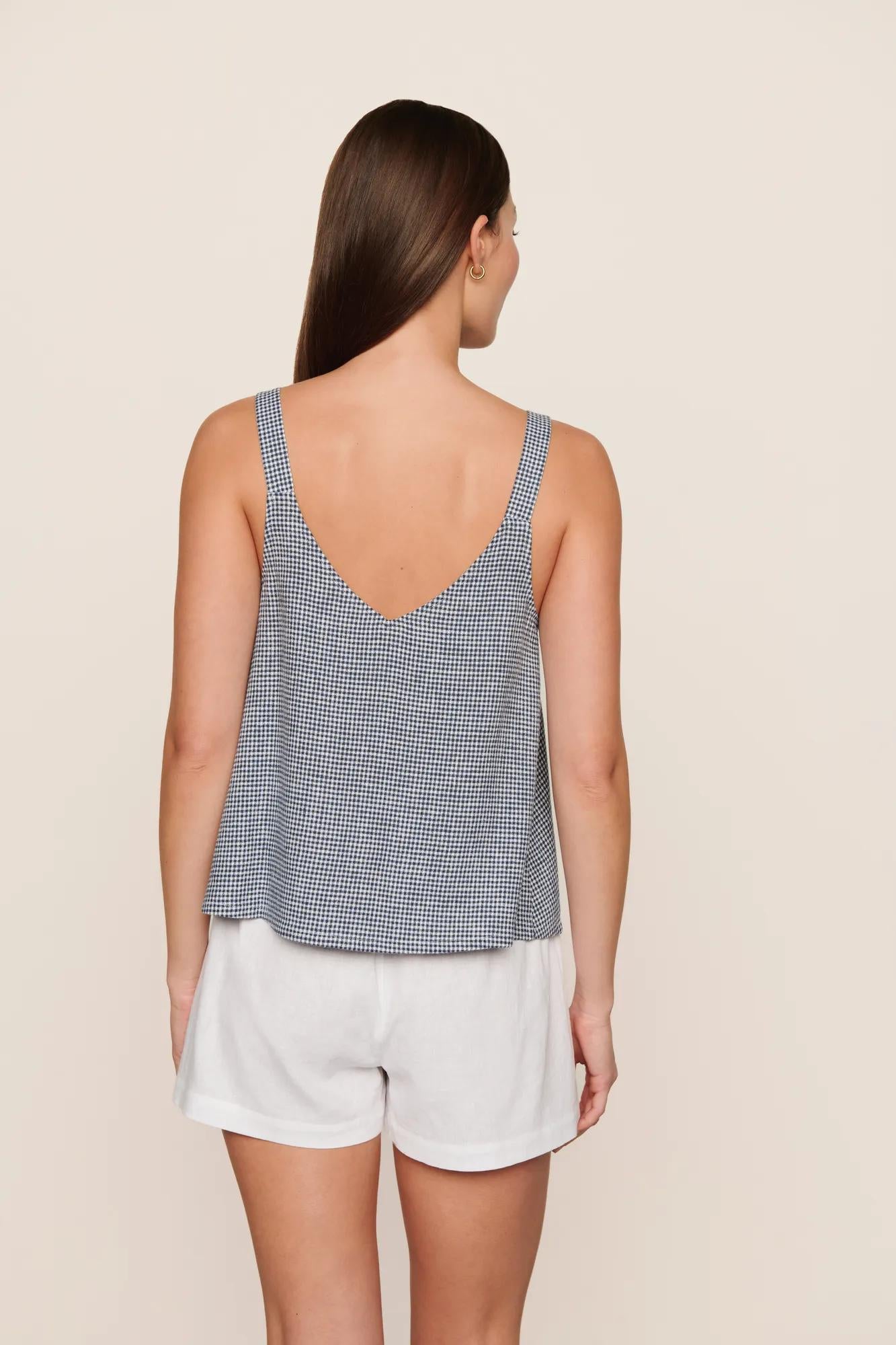 Model is wearing Linen Blend V Neck Cami in Gingham White/Navy