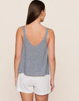 Model is wearing Linen Blend V Neck Cami in Gingham White/Navy