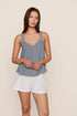 Model is wearing Linen Blend V Neck Cami in Gingham White/Navy