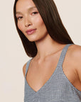 Model is wearing Linen Blend V Neck Cami in Gingham White/Navy