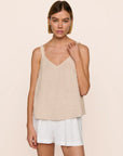 Model is wearing Linen Blend V Neck Cami in Gingham White/Warm Taupe