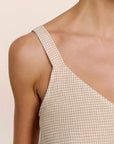 Model is wearing Linen Blend V Neck Cami in Gingham White/Warm Taupe