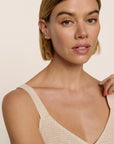 Model is wearing Linen Blend V Neck Cami in Gingham White/Warm Taupe